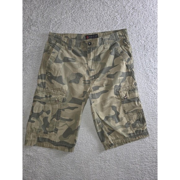 Swiss Cross Camo Shorts Mens 34x13 Khaki Green Cargo Ripstop Trail Skater - Picture 1 of 8